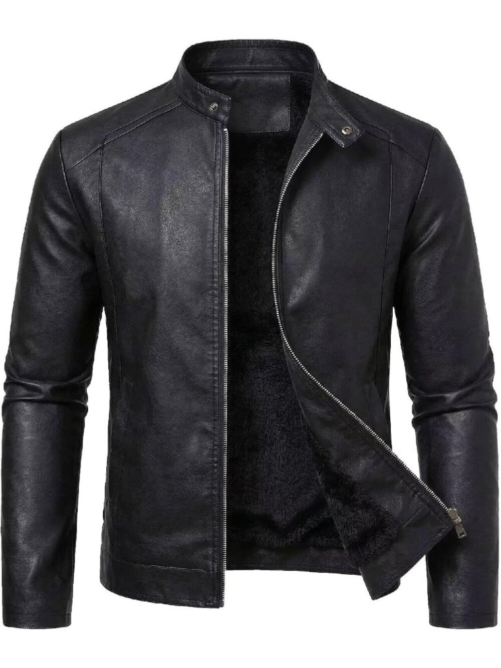 Men’s Black Fleece lined Faux Leather Motorcycle Moto Biker Jacket Stand Collar